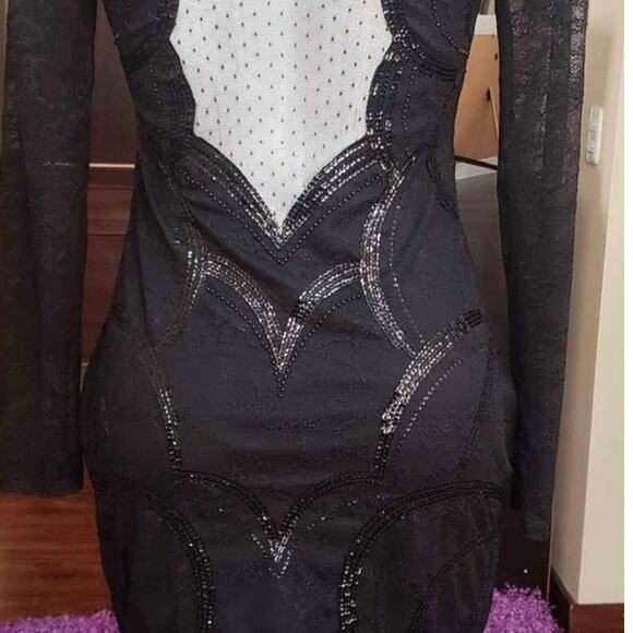 Express sexy black sequin sheer lace long sleeve dress sz2 backless dress NWOT - Picture 4 of 12